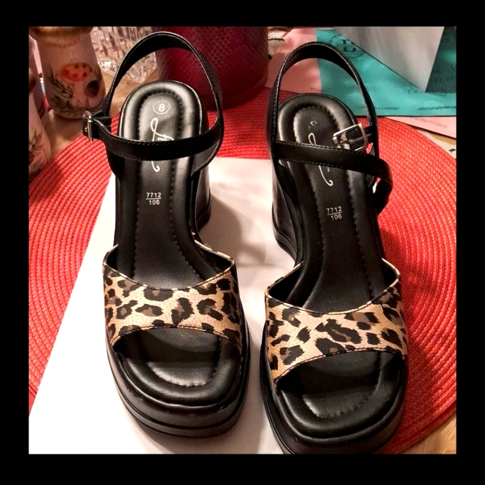 Vintage 90's,Wedge Heels with Leopard Print Toes & Black Platform & Ankle Straps